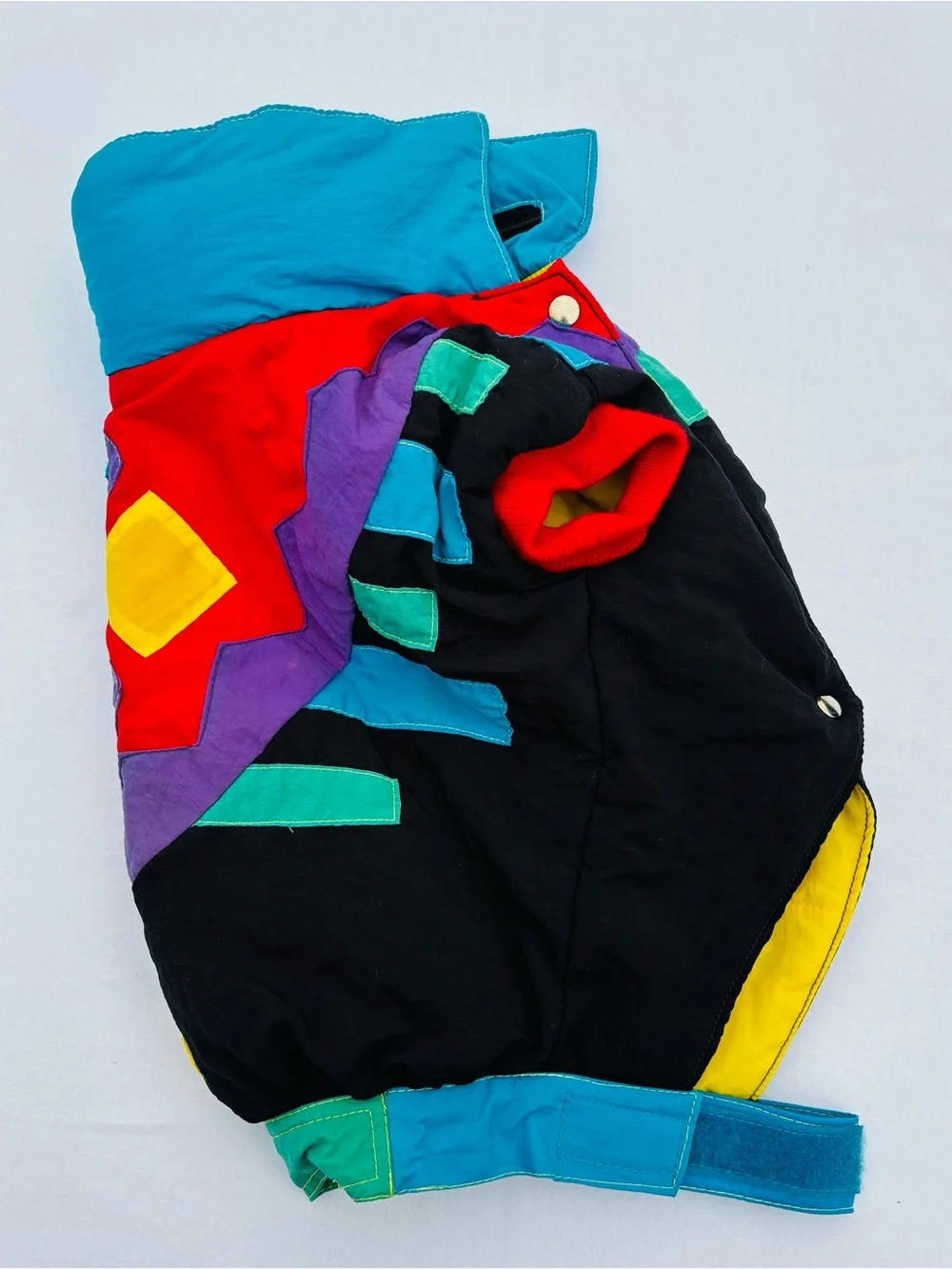 Vtg Pet Puffer Jacket L Dog Ski Coat Hooded 90s Retro Neon Geometric Colorblock